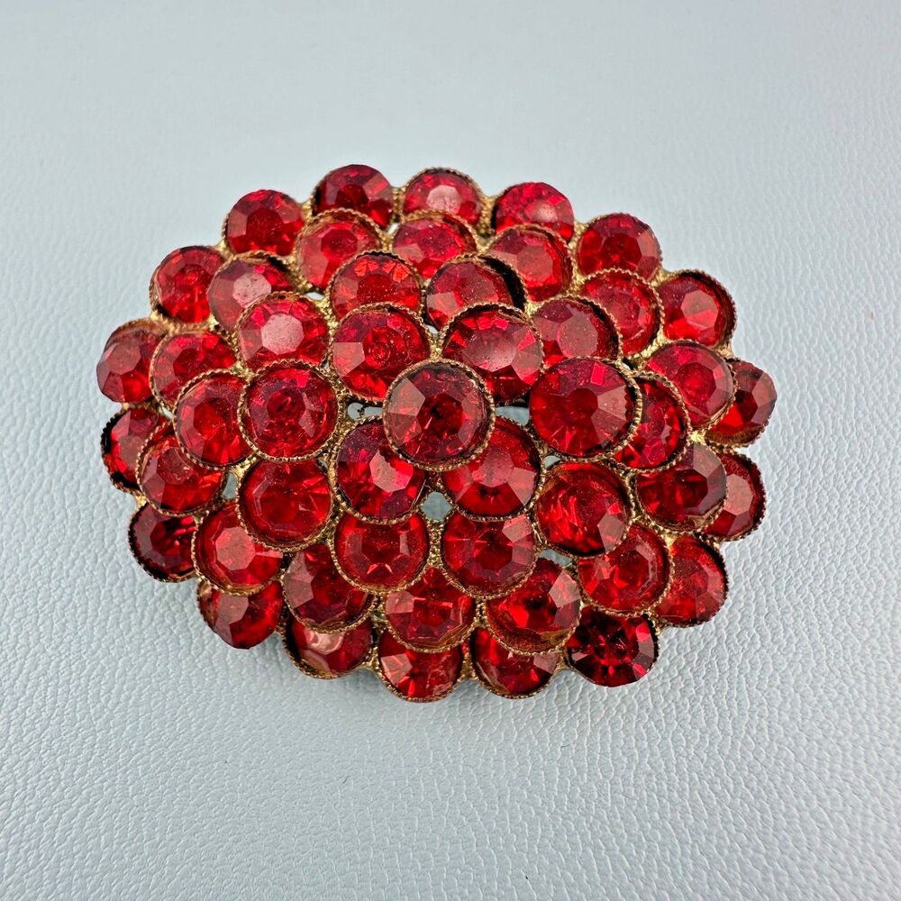 Vintage Czechoslovakia Brooch Red Rhinestone Cluster Antiqued Gold Tone Metal